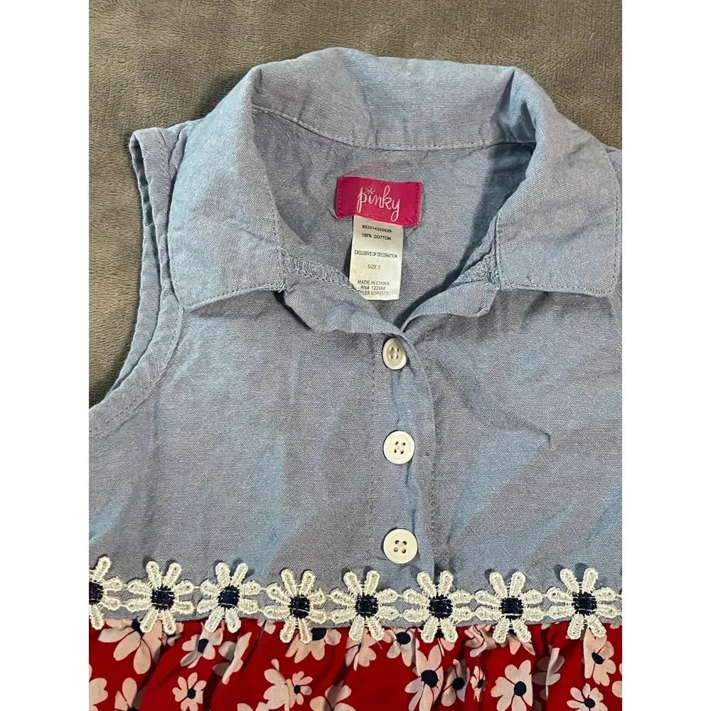 Pinky Girl USA Red White Blue Floral Denim Sleeveless Dress Light Causal SZ 5 - Picture 2 of 5